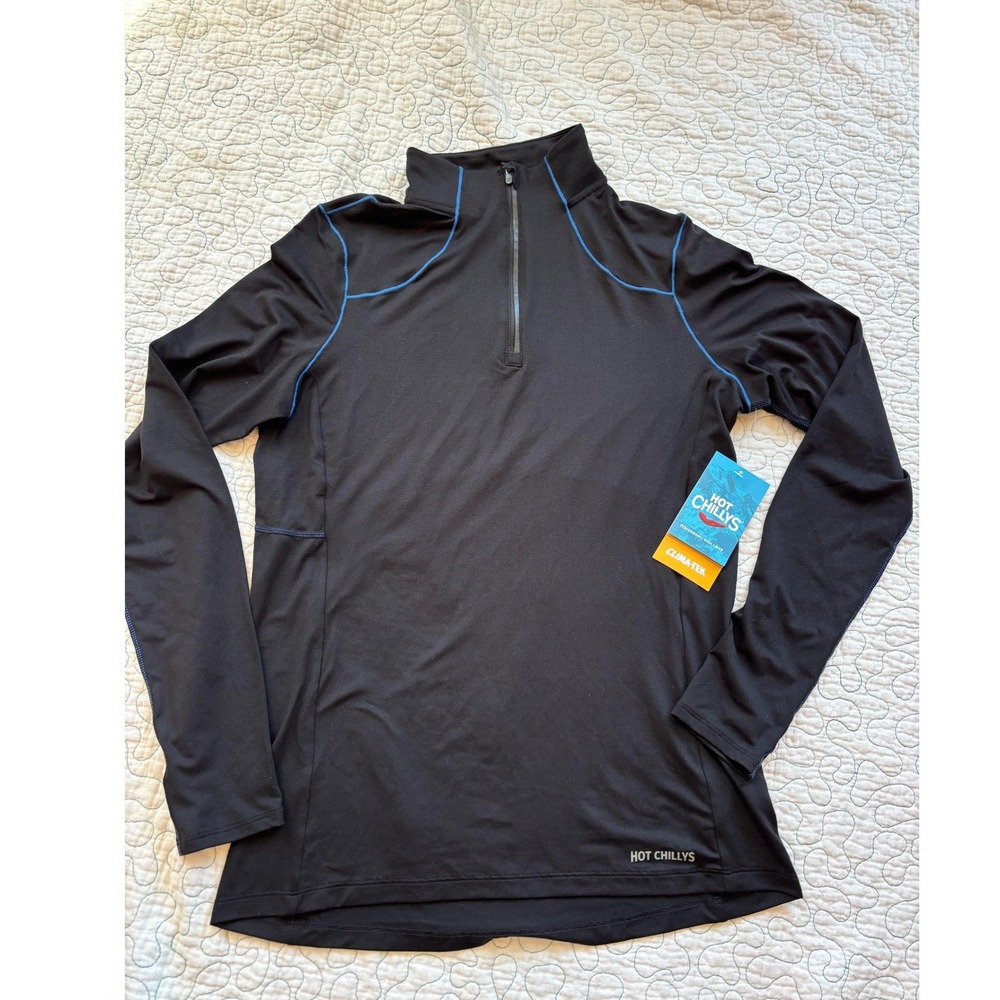 Hot Chillys‎ Womens Clima-Tek 1/4 Zip Black Blue Stitching Size Medium